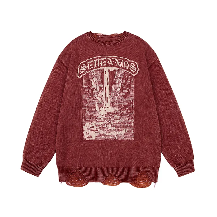 custom-mens-oversized-ripped-jacquard-knit-pullover-sweater-red