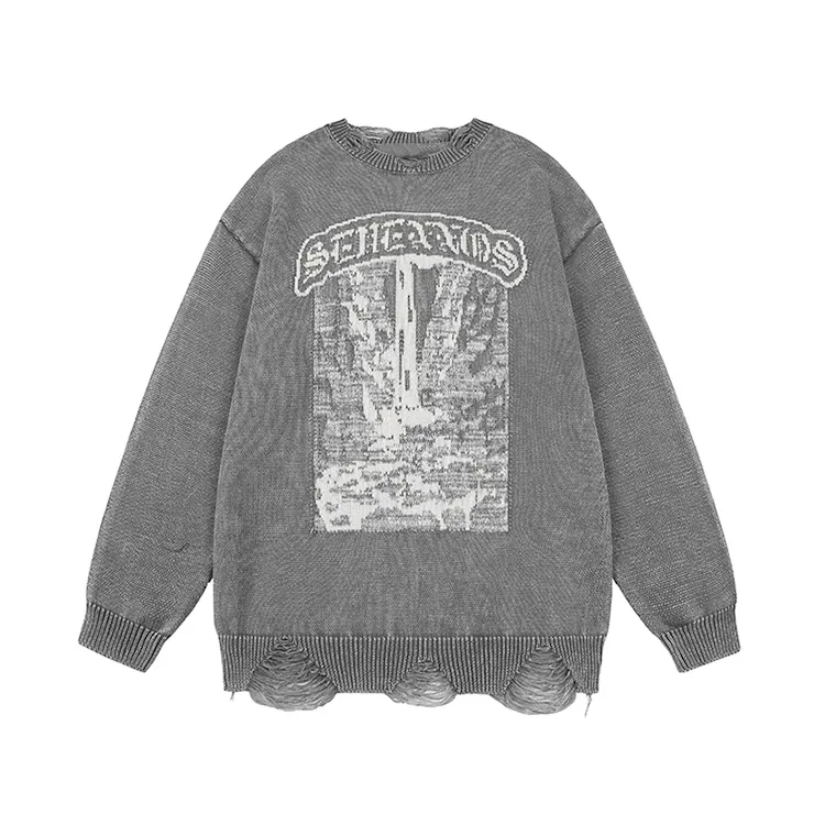 custom-mens-oversized-ripped-jacquard-knit-pullover-sweater-grey