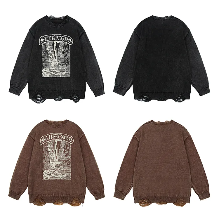 custom-mens-oversized-ripped-jacquard-knit-pullover-sweater-flat-display