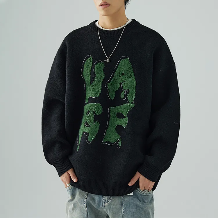 custom-mens-oversized-jacquard-embroidery-pullover-sweater-black-model-showcase