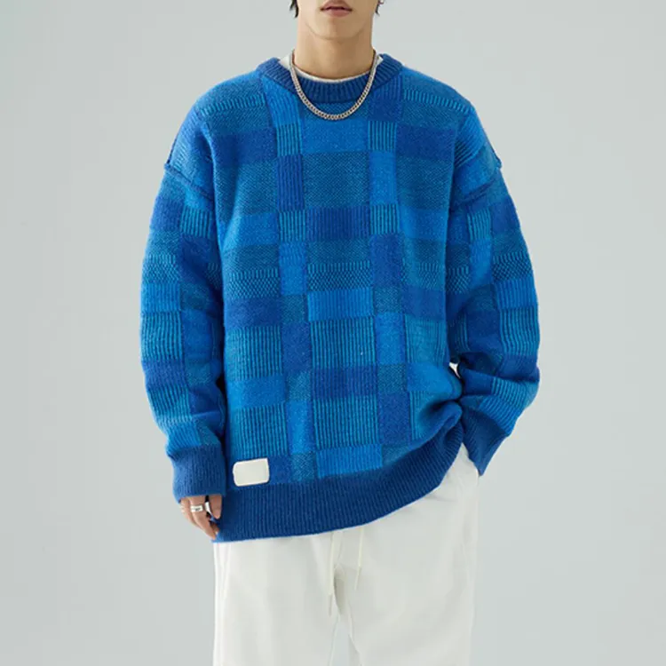 custom-mens-checkerboard-jacquard-knit-sweater-blue-model-showcase