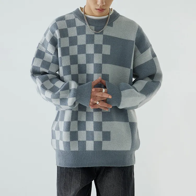 custom-mens-geometric-checkerboard-jacquard-sweater-grey-model-showcase