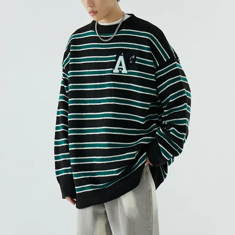 custom-mens-oversized-striped-embroidery-sweater-model-showcase