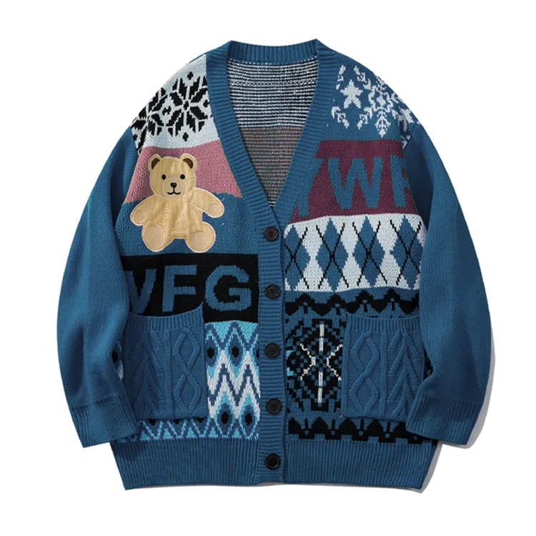 custom-mens-christmas-bear-jacquard-cardigan-dark-blue