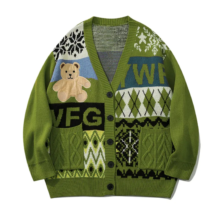 custom-mens-christmas-bear-jacquard-cardigan-green