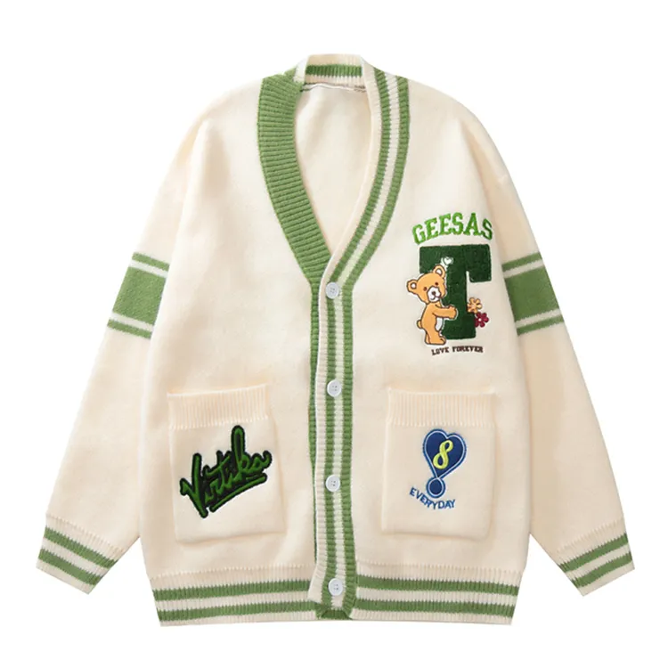 custom-men-s-chenille-embroidery-bear-cardigan-white-and-green