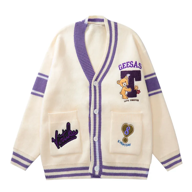 custom-men-s-chenille-embroidery-bear-cardigan-white-and-purple