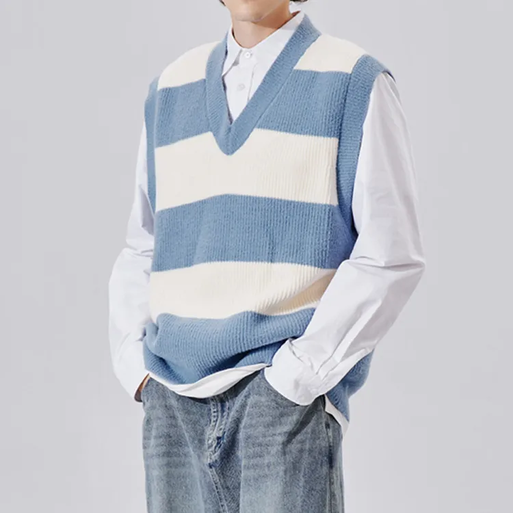 custom-striped-v-neck-knit-vest-vintage-preppy-style-model-showcase