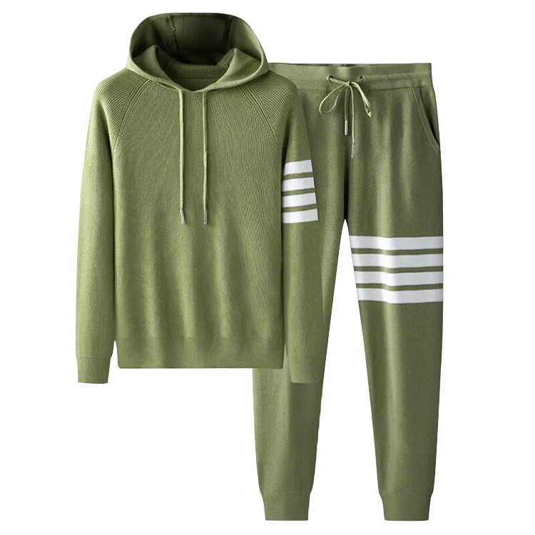 custom-four-bar-stripe-knit-hooded-tracksuit-set-green