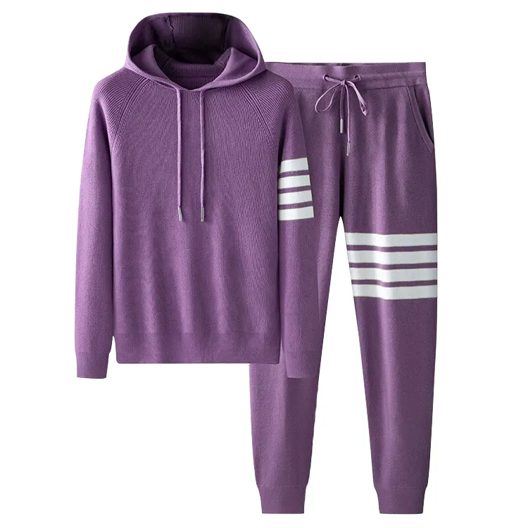 custom-four-bar-stripe-knit-hooded-tracksuit-set-purple