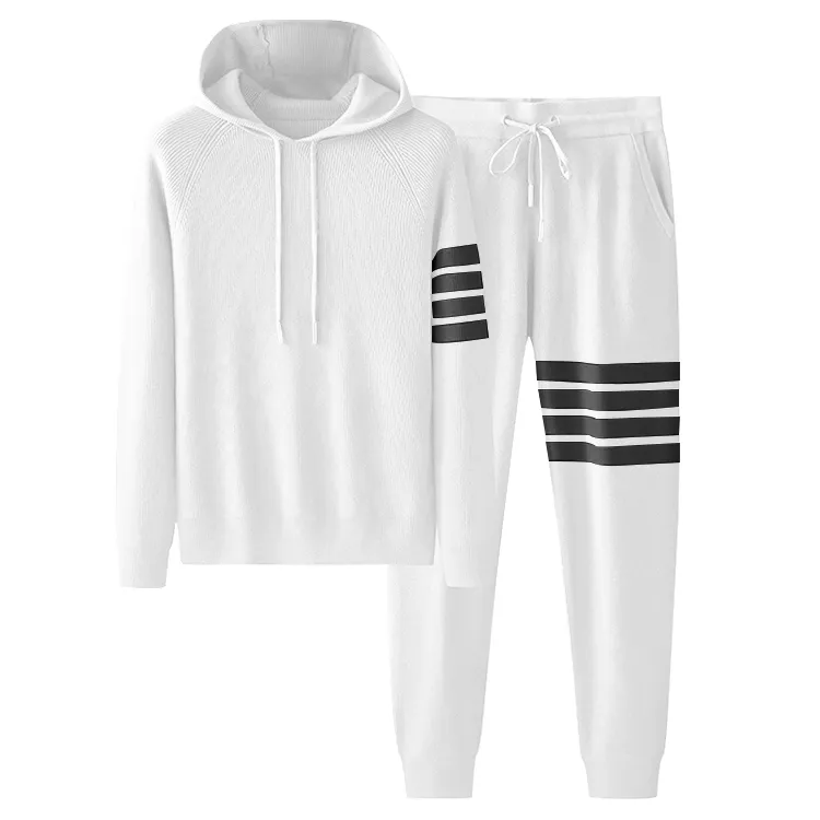 custom-four-bar-stripe-knit-hooded-tracksuit-set-white