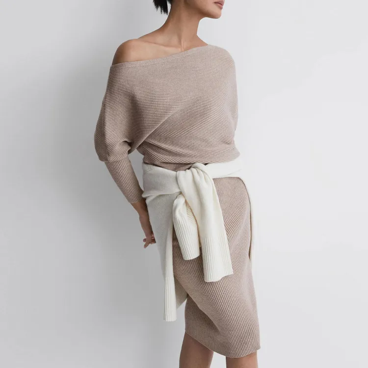 custom-off-shoulder-ribbed-knit-sweater-dress-model-showcase