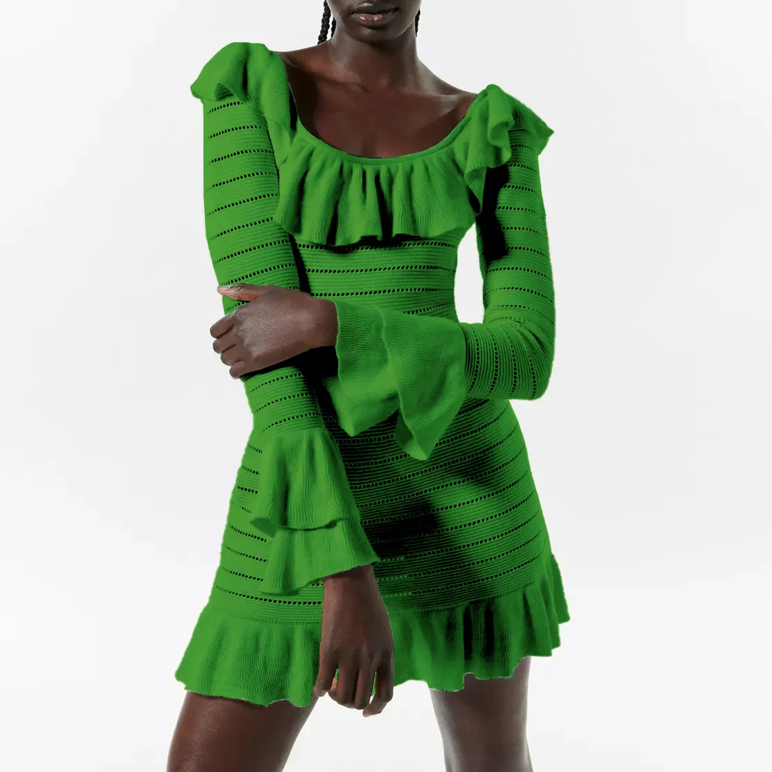 custom-ruffle-trim-mini-sweater-dress-green