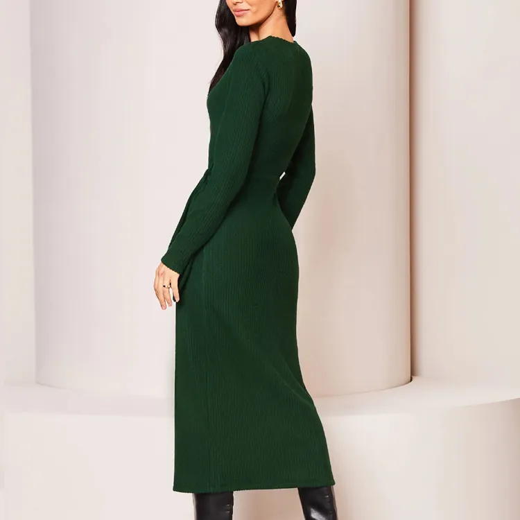 custom-v-neck-wrap-ribbed-knit-midi-dress-green-back