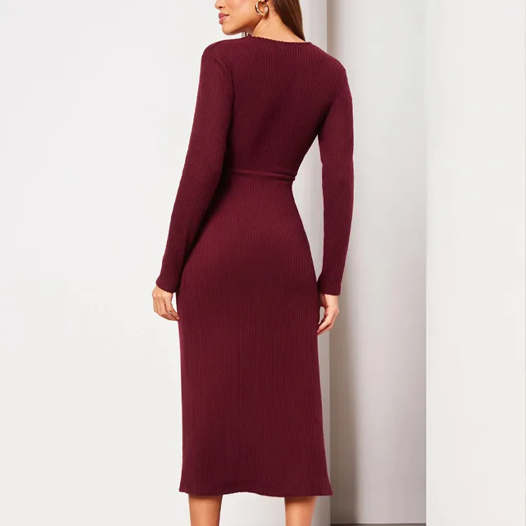 custom-v-neck-wrap-ribbed-knit-midi-dress-red-back