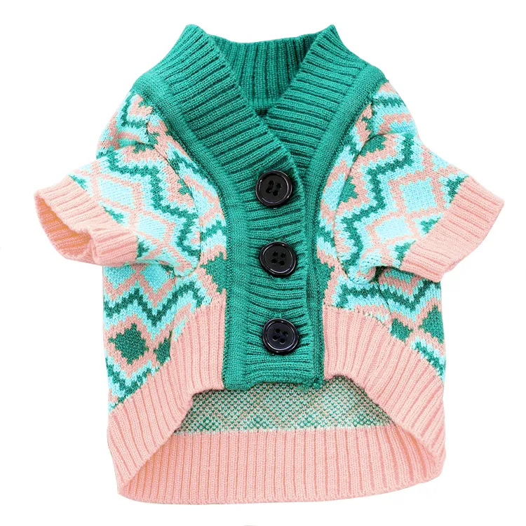 custom-geometric-jacquard-pet-cardigan-green-and-pink