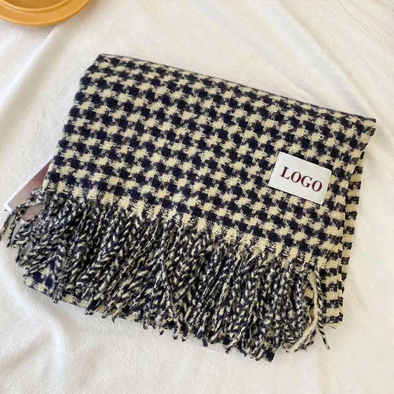 houndstooth-plaid-fringe-scarf-with-custom-logo-from-sweater-manufacturer