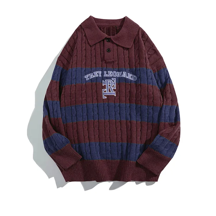 custom-varsity-cable-knit-polo-pullover-dark-red