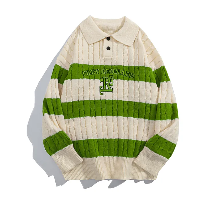 custom-varsity-cable-knit-polo-pullover-green