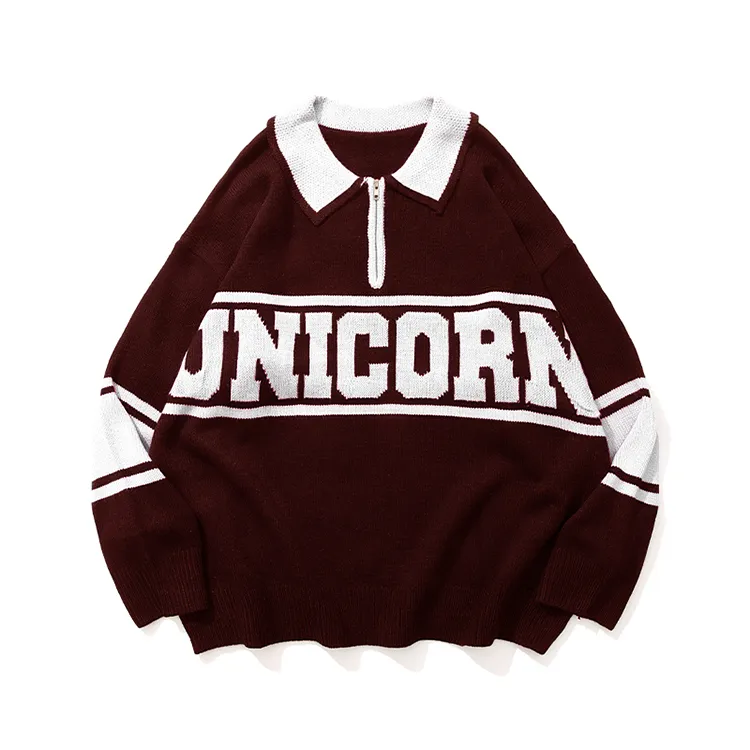 custom-varsity-letter-polo-half-zip-knit-sweater-brown