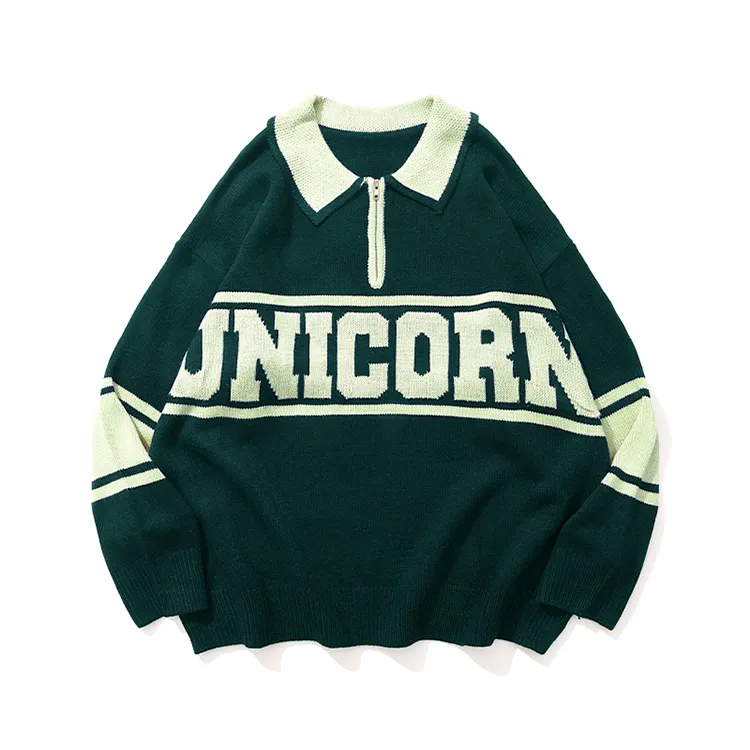 custom-varsity-letter-polo-half-zip-knit-sweater-green
