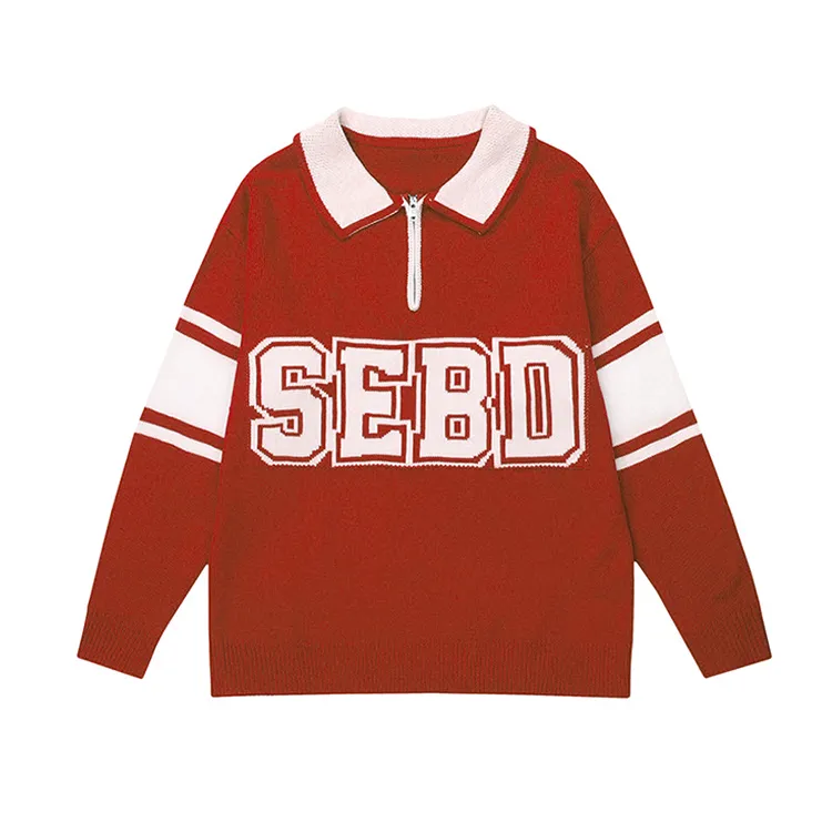 custom-varsity-letter-polo-half-zip-knit-sweater-red-and-white