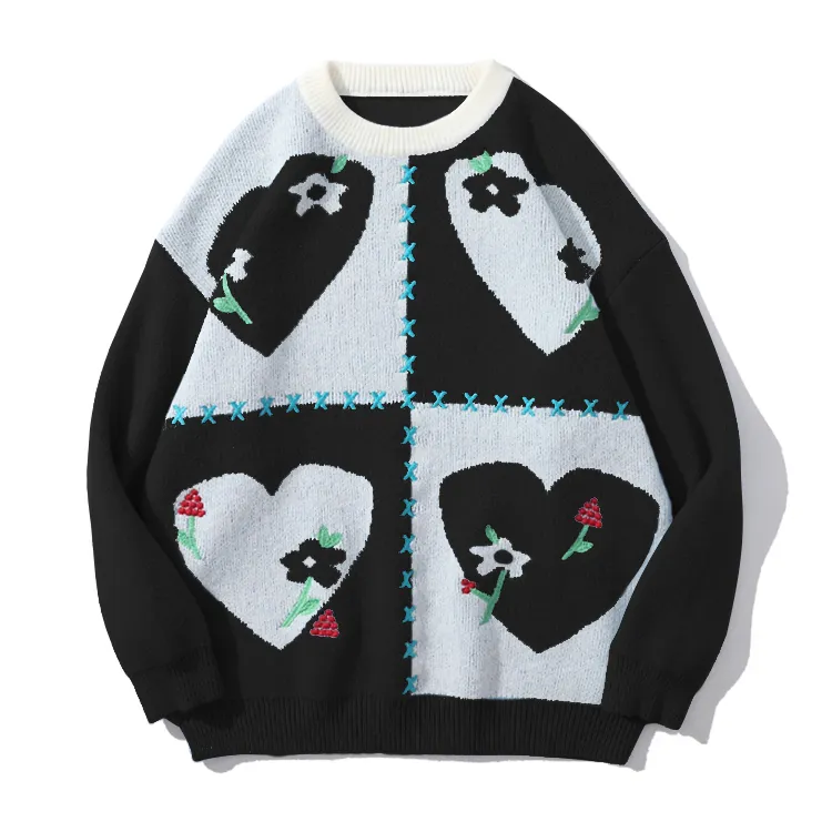 custom-cottagecore-floral-heart-knit-sweater-black