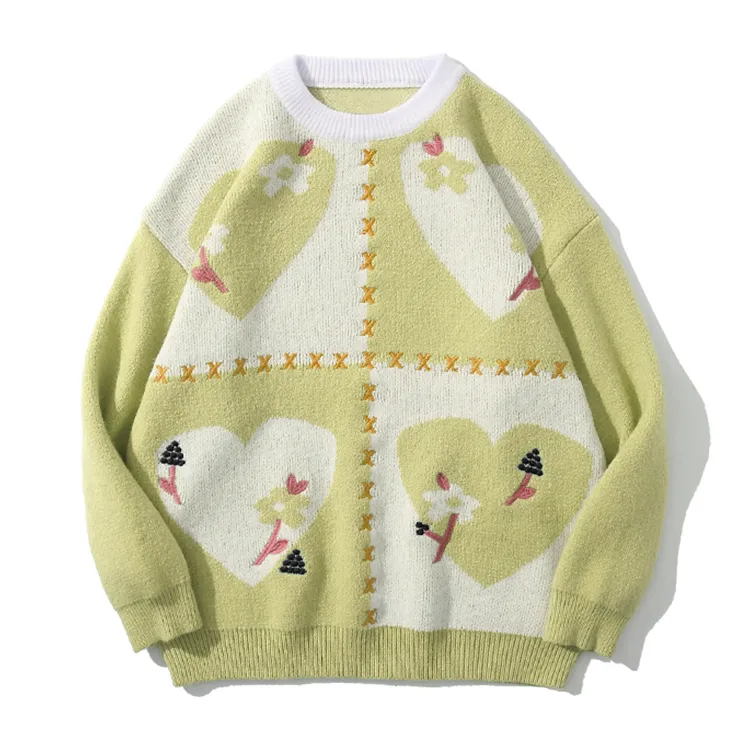 custom-cottagecore-floral-heart-knit-sweater-green