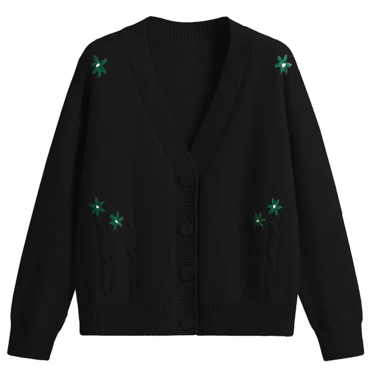 custom-floral-embroidered-v-neck-cardigan-sweater-black