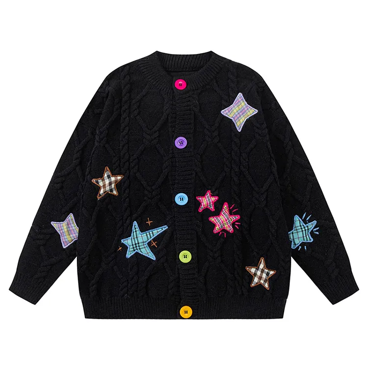 custom-star-appliqu-cable-knit-cardigan-sweater-black