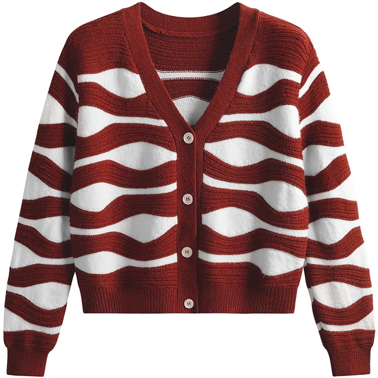 custom-wavy-jacquard-knit-cardigan-v-neck-sweater-red
