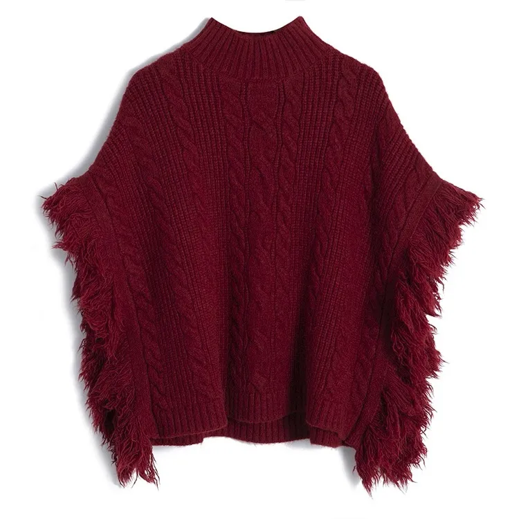custom-mock-neck-cable-knit-fringe-poncho-red