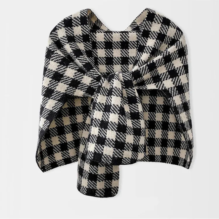 custom-plaid-intarsia-knit-poncho-scarf-wrap-black