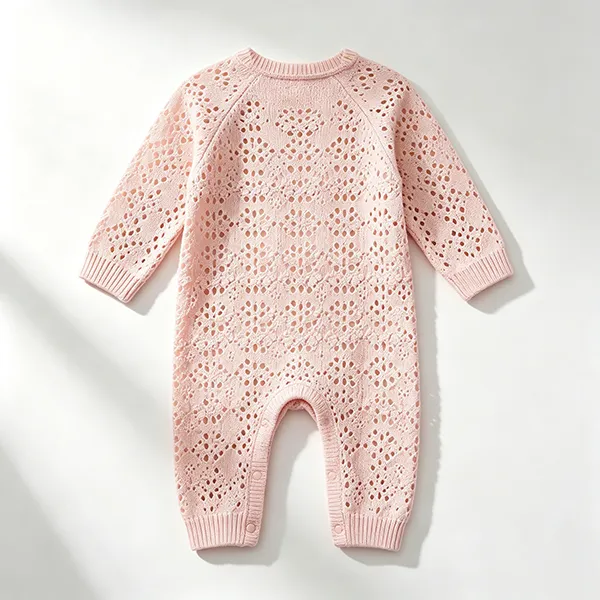 openwork crochet knit baby romper snap closure back