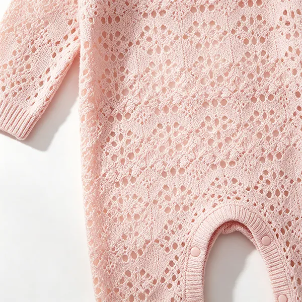openwork crochet knit baby romper snap closure knitting details
