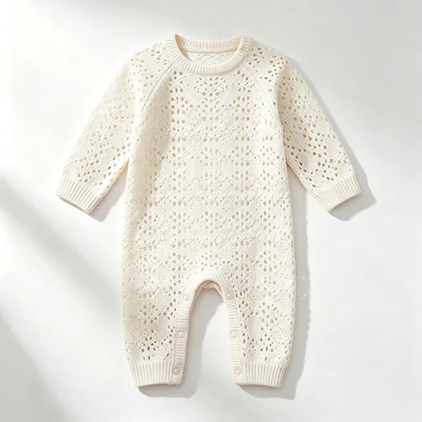 openwork crochet knit baby romper snap closure white