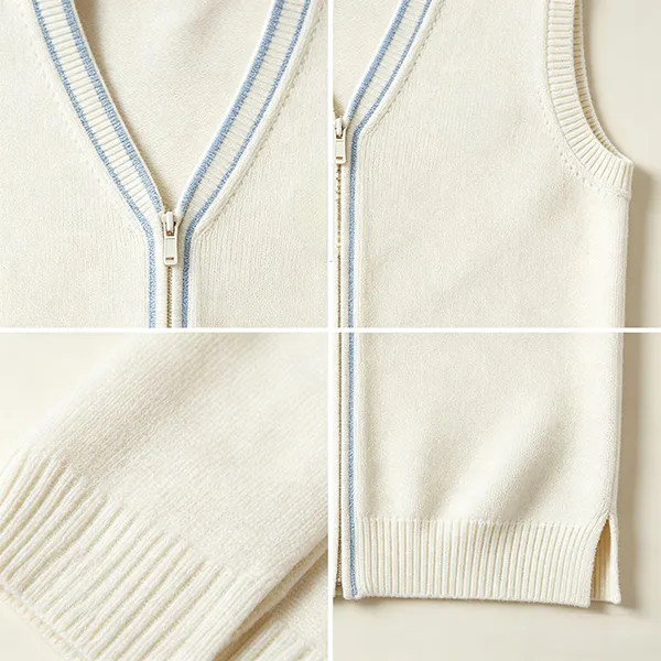 knitted v-neck zip medical scrub vest ribbed trim knitting details