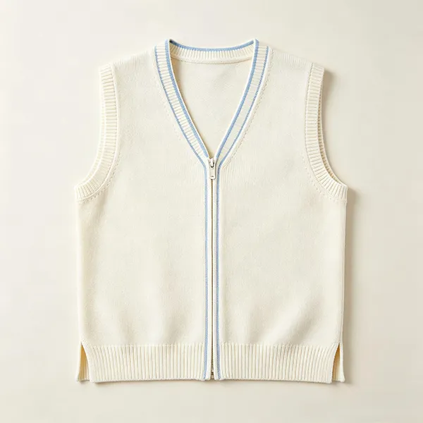 knitted v-neck zip medical scrub vest ribbed trim white