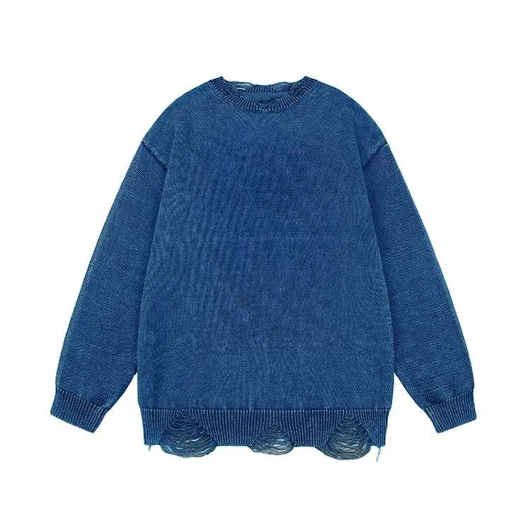 mens oversized ripped jacquard knit pullover sweater blue
