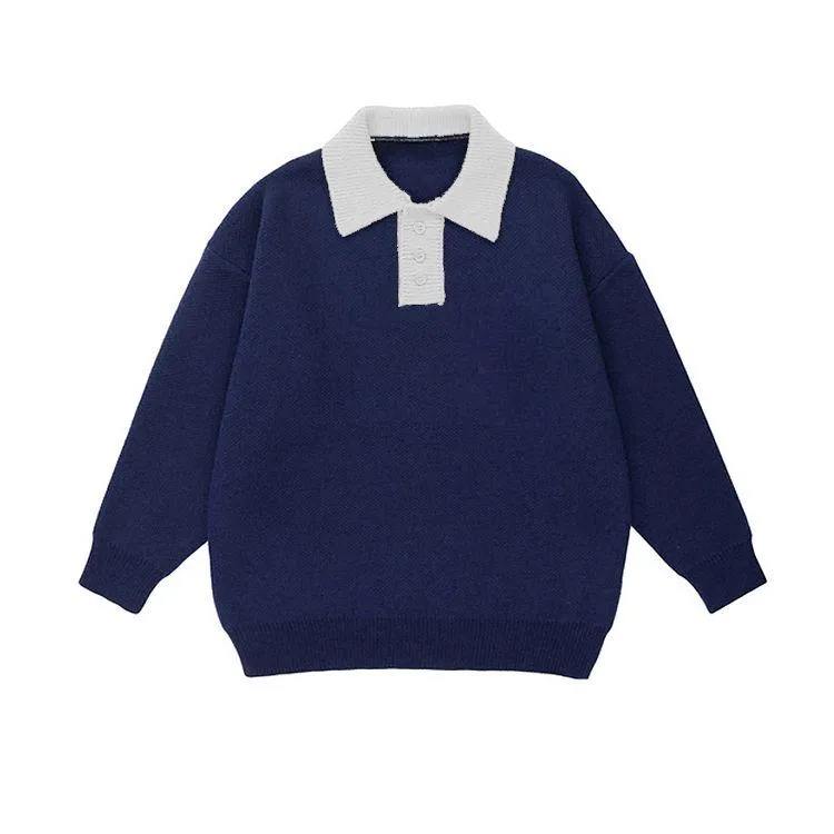 varsity contrast polo knit sweater blue