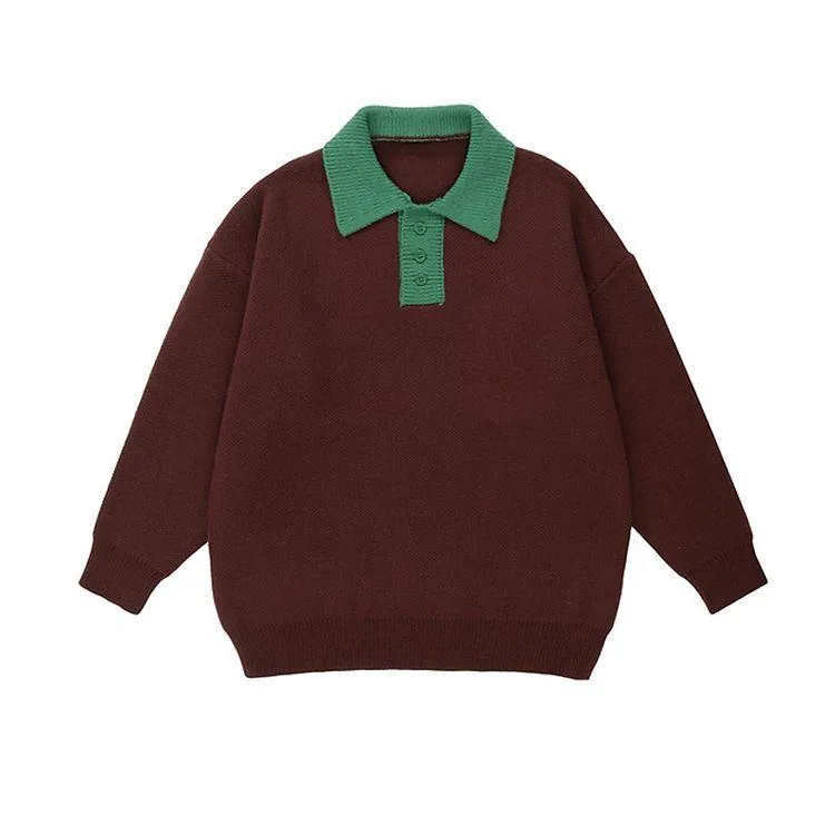 varsity contrast polo knit sweater brown