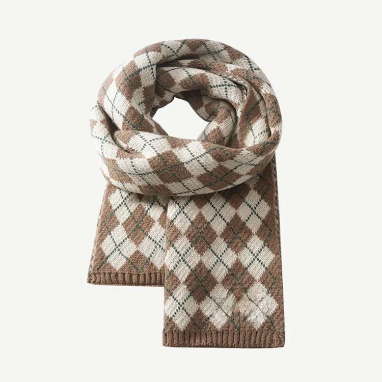 argyle pattern knit scarf light brown
