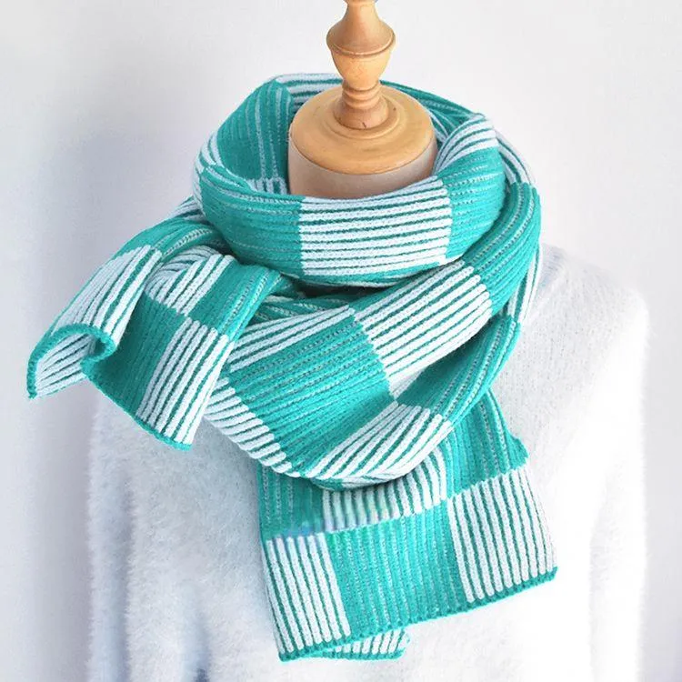 checkerboard ribbed knit scarf cyan