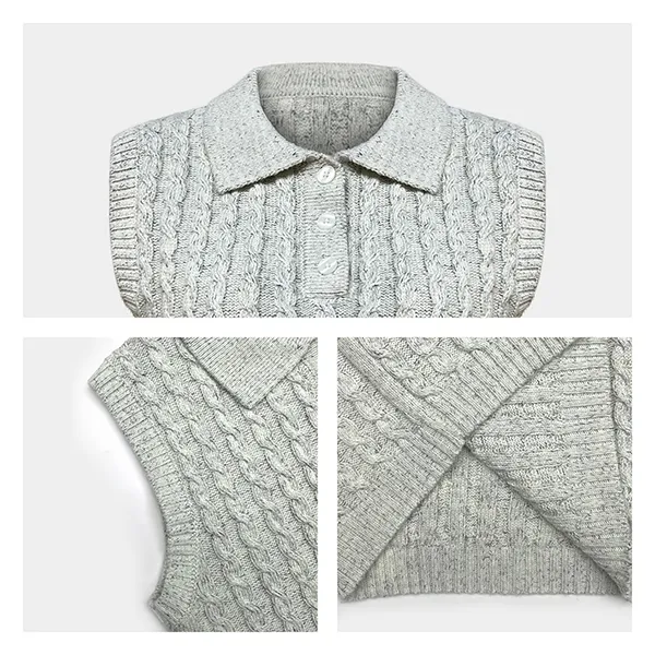 cable knit sleeveless polo sweater vest button placket knitting details