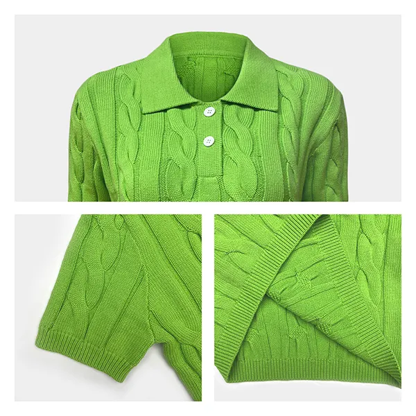 cable knit short sleeve pullover polo shirt knitting details