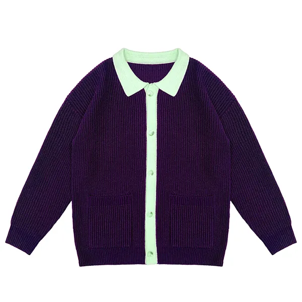 purple relaxed fit ribbed knit collared cardigan patch pockets