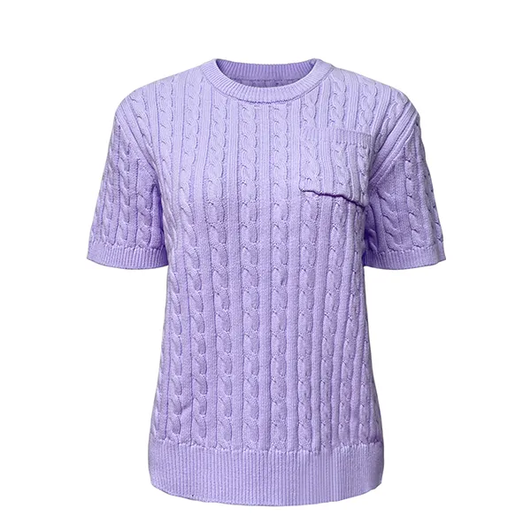 purple cable knit short sleeve crewneck pullover chest pocket