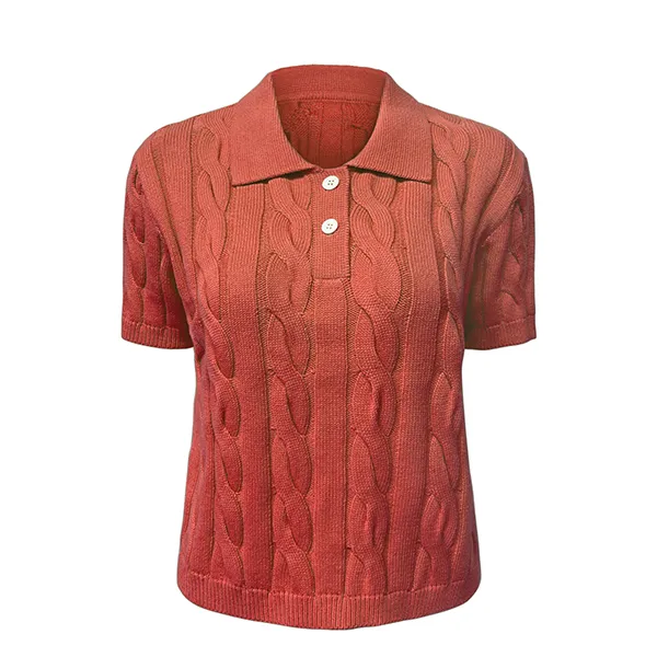 red cable knit short sleeve pullover polo shirt