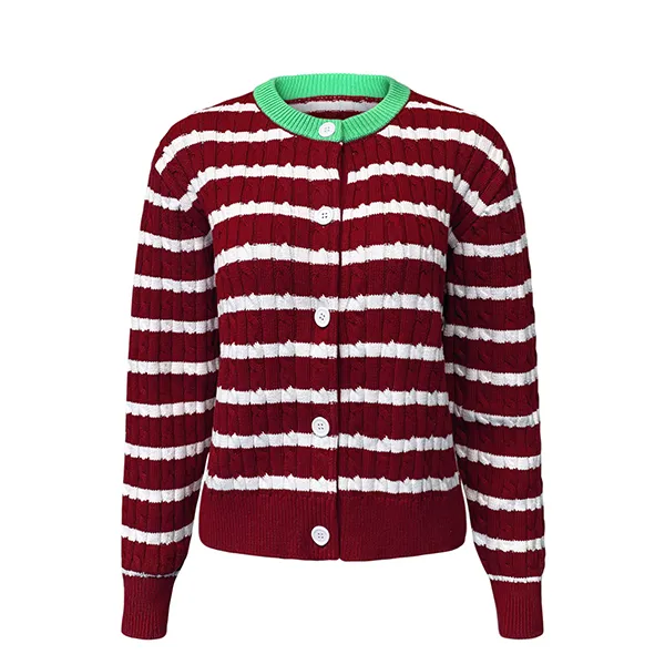 red striped cable knit button up cardigan contrast collar