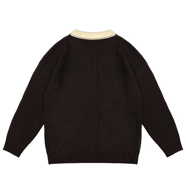 relaxed fit ribbed knit collared cardigan patch pockets back